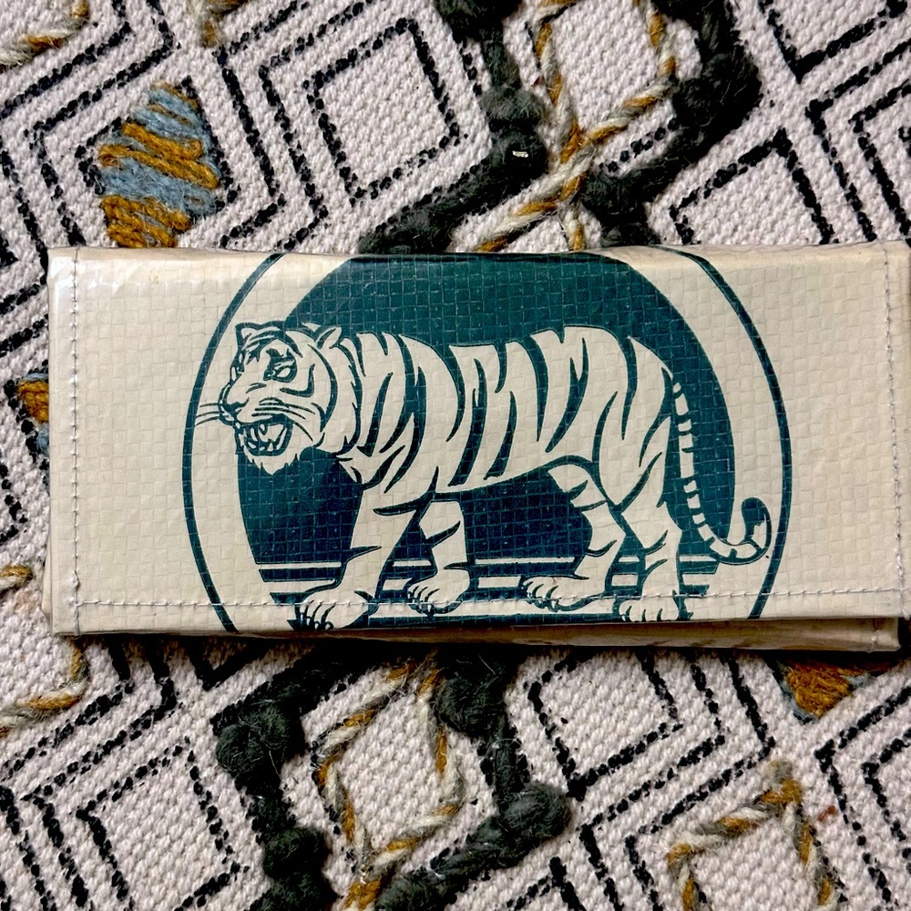 ‼️SOLD‼️Bifold wallet upcycled featuring Tiger motifs in green and light cream